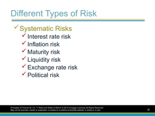 Different Types of Risk
Systematic Risks
 Interest rate risk
 Inflation risk
 Maturity risk
 Liquidity risk
 Exchange rate risk
 Political risk
Principles of Finance 5e, Ch. 11 Risks and Rates of Return © 2012 Cengage Learning. All Rights Reserved.
May not be scanned, copied or duplicated, or posted to a publicly accessible website, in whole or in part. 28
 
