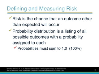 Defining and Measuring Risk
Risk is the chance that an outcome other
than expected will occur
Probability distribution is a listing of all
possible outcomes with a probability
assigned to each
 Probabilities must sum to 1.0 (100%)
Principles of Finance 5e, Ch. 11 Risks and Rates of Return © 2012 Cengage Learning. All Rights Reserved.
May not be scanned, copied or duplicated, or posted to a publicly accessible website, in whole or in part. 3
 