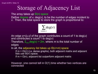 Graph & BFS / Slide 15
The array takes up Θ(n) space
Define degree of v, deg(v), to be the number of edges incident to
v. Then, the total space to store the graph is proportional to:
An edge e={u,v} of the graph contributes a count of 1 to deg(u)
and contributes a count 1 to deg(v)
Therefore, Σvertex vdeg(v) = 2m, where m is the total number of
edges
In all, the adjacency list takes up Θ(n+m) space
If m = O(n2
) (i.e. dense graphs), both adjacent matrix and adjacent
lists use Θ(n2
) space.
If m = O(n), adjacent list outperform adjacent matrix
However, one cannot tell in O(1) time whether two vertices are
connected
Storage of Adjacency List
∑v
v
vertex
)deg(
15
 