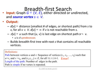 Breadth-first Search
• Input: Graph G = (V, E), either directed or undirected,
and source vertex s  V.
• Output:
– d[v] = distance (smallest # of edges, or shortest path) from s to
v, for all v  V. d[v] =  if v is not reachable from s.
– [v] = u such that (u, v) is last edge on shortest path s v.
• u is v’s predecessor.
– Builds breadth-first tree with root s that contains all reachable
vertices.
Definitions:
Path between vertices u and v: Sequence of vertices (v1, v2, …, vk) such that
u=v1 and v =vk, and (vi,vi+1)  E, for all 1 i  k-1.
Length of the path: Number of edges in the path.
Path is simple if no vertex is repeated.
Error!
Dr. AMIT KUMAR @JUET
 