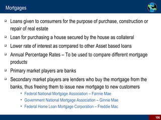 Mortgages Loans given to consumers for the purpose of purchase, construction or repair of real estate Loan for purchasing a house secured by the house as collateral Lower rate of interest as compared to other Asset based loans Annual Percentage Rates – To be used to compare different mortgage products Primary market players are banks Secondary market players are lenders who buy the mortgage from the banks, thus freeing them to issue new mortgage to new customers Federal National Mortgage Association – Fannie Mae Government National Mortgage Association – Ginnie Mae Federal Home Loan Mortgage Corporation – Freddie Mac 