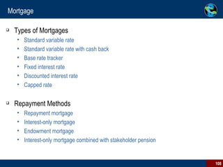 Mortgage Types of Mortgages Standard variable rate Standard variable rate with cash back Base rate tracker Fixed interest rate Discounted interest rate Capped rate Repayment Methods Repayment mortgage Interest-only mortgage Endowment mortgage Interest-only mortgage combined with stakeholder pension 