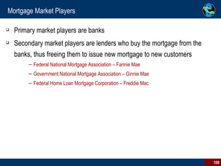Mortgage Market Players Primary market players are banks Secondary market players are lenders who buy the mortgage from the banks, thus freeing them to issue new mortgage to new customers Federal National Mortgage Association – Fannie Mae Government National Mortgage Association – Ginnie Mae Federal Home Loan Mortgage Corporation – Freddie Mac 
