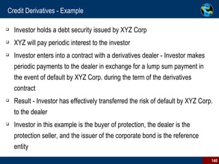 Credit Derivatives - Example Investor holds a debt security issued by XYZ Corp XYZ will pay periodic interest to the investor Investor enters into a contract with a derivatives dealer - Investor makes periodic payments to the dealer in exchange for a lump sum payment in the event of default by XYZ Corp. during the term of the derivatives contract Result - Investor has effectively transferred the risk of default by XYZ Corp. to the dealer Investor in this example is the buyer of protection, the dealer is the protection seller, and the issuer of the corporate bond is the reference entity 