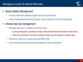 Managing Liquidity & Interest Rate risks Asset Liability Management Prevent mismatch between deposit and loan cash flows Uses mathematical tools like Duration, Gap Analysis to find out mismatches Interest rate risk management Manage risks due to volatility of interest rates Loans and deposits contracted at historic rates while fresh funds linked to market rates Value of investments in bonds and treasury notes vary with change in interest rates Repricing, yield curve, basis and optionality risks Use of derivatives like interest rate swaps for risk management 
