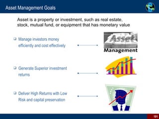 Asset Management Goals Generate Superior investment returns Deliver High Returns with Low Risk and capital preservation Manage investors money efficiently and cost effectively Asset is a property or investment, such as real estate,  stock, mutual fund, or equipment that has monetary value  