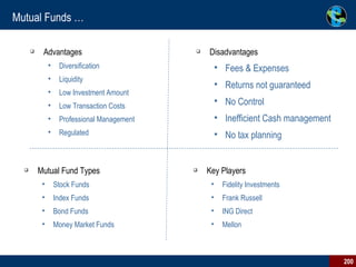 Mutual Funds … Disadvantages Fees & Expenses Returns not guaranteed No Control Inefficient Cash management No tax planning Advantages Diversification Liquidity Low Investment Amount Low Transaction Costs Professional Management Regulated Mutual Fund Types Stock Funds Index Funds Bond Funds Money Market Funds Key Players Fidelity Investments Frank Russell ING Direct Mellon 