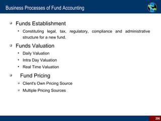 Business Processes of Fund Accounting   Funds Establishment Constituting legal, tax, regulatory, compliance and administrative structure for a new fund.  Funds Valuation   Daily Valuation Intra Day Valuation Real Time Valuation Fund Pricing  Client's Own Pricing Source Multiple Pricing Sources 