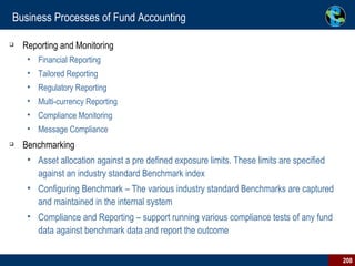 Business Processes of Fund Accounting Reporting and Monitoring Financial Reporting Tailored Reporting Regulatory Reporting Multi-currency Reporting Compliance Monitoring Message Compliance Benchmarking Asset allocation against a pre defined exposure limits. These limits are specified against an industry standard Benchmark index  Configuring Benchmark – The various industry standard Benchmarks are captured and maintained in the internal system  Compliance and Reporting – support running various compliance tests of any fund data against benchmark data and report the outcome  