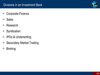 Divisions in an Investment Bank Corporate Finance  Sales  Research  Syndication IPOs & Underwriting Secondary Market Trading Broking  