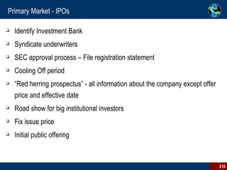 Primary Market - IPOs Identify Investment Bank Syndicate underwriters SEC approval process – File registration statement Cooling Off period “Red herring prospectus” - all information about the company except offer price and effective date Road show for big institutional investors Fix issue price Initial public offering 