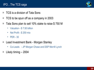 IPO…The TCS saga TCS is a division of Tata Sons TCS to be spun off as a company in 2003 Tata Sons plan to sell 10% stake to raise $ 750 M Valuation - $ 7.50 billion Net Profit - $ 250 mio PER - 30 Lead Investment Bank - Morgan Stanley Co-Leads - JP Morgan Chase and DSP Merrill Lynch  Likely timing – 2004 