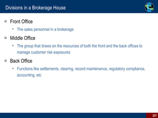 Divisions in a Brokerage House Front Office The sales personnel in a brokerage Middle Office The group that draws on the resources of both the front and the back offices to manage customer risk exposures Back Office Functions like settlements, clearing, record maintenance, regulatory compliance, accounting, etc 