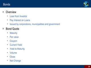 Bonds Overview Loan from Investor Pay Interest on Loans Issued by corporations, municipalities and government Bond Quote Maturity Par value Coupon Current Yield Yield to Maturity Volume Close  Net Change 