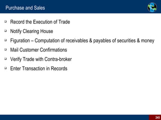 Purchase and Sales Record the Execution of Trade Notify Clearing House Figuration – Computation of receivables & payables of securities & money Mail Customer Confirmations Verify Trade with Contra-broker Enter Transaction in Records 