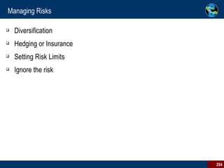 Managing Risks Diversification Hedging or Insurance Setting Risk Limits Ignore the risk  