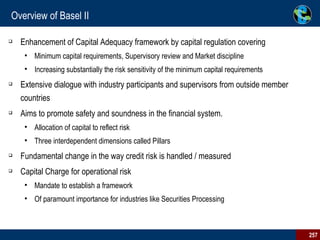 Overview of Basel II Enhancement of Capital Adequacy framework by capital regulation covering Minimum capital requirements, Supervisory review and Market discipline Increasing substantially the risk sensitivity of the minimum capital requirements Extensive dialogue with industry participants and supervisors from outside member countries Aims to promote safety and soundness in the financial system. Allocation of capital to reflect risk Three interdependent dimensions called Pillars Fundamental change in the way credit risk is handled / measured Capital Charge for operational risk Mandate to establish a framework Of paramount importance for industries like Securities Processing 