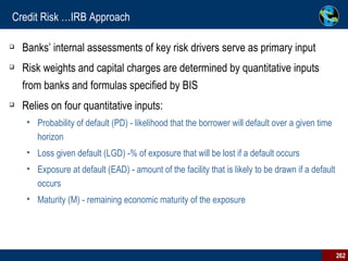 Credit Risk …IRB Approach Banks’ internal assessments of key risk drivers serve as primary input Risk weights and capital charges are determined by quantitative inputs from banks and formulas specified by BIS Relies on four quantitative inputs: Probability of default (PD) - likelihood that the borrower will default over a given time horizon Loss given default (LGD) -% of exposure that will be lost if a default occurs Exposure at default (EAD) - amount of the facility that is likely to be drawn if a default occurs Maturity (M) - remaining economic maturity of the exposure 