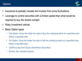 Options Insurance to partially insulate the investor from price fluctuations Leverage to control securities with a limited capital than what would be required to buy the shares outright Risky investment vehicle Basic Option types Call Option- Gives the holder the right to Buy the underlying stock at a specified price before a specified date Put Option- Gives the holder the right to Sell the underlying stock at a specified price before a specified date LEAPS (Long-Term Equity AnticiPation Securities)  Exotics- Non standard options 