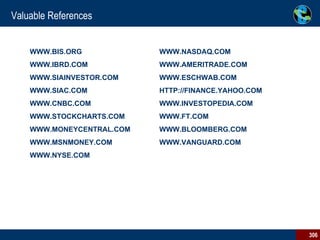 Valuable References WWW.BIS.ORG WWW.IBRD.COM WWW.SIAINVESTOR.COM WWW.SIAC.COM   WWW.CNBC.COM WWW.STOCKCHARTS.COM WWW.MONEYCENTRAL.COM WWW.MSNMONEY.COM WWW.NYSE.COM WWW.NASDAQ.COM WWW.AMERITRADE.COM WWW.ESCHWAB.COM HTTP://FINANCE.YAHOO.COM WWW.INVESTOPEDIA.COM WWW.FT.COM WWW.BLOOMBERG.COM WWW.VANGUARD.COM 