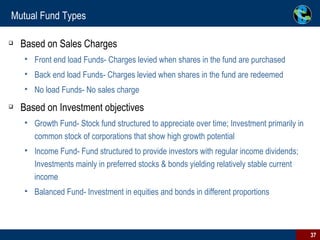 Mutual Fund Types Based on Sales Charges Front end load Funds- Charges levied when shares in the fund are purchased Back end load Funds- Charges levied when shares in the fund are redeemed No load Funds- No sales charge  Based on Investment objectives Growth Fund- Stock fund structured to appreciate over time; Investment primarily in common stock of corporations that show high growth potential Income Fund- Fund structured to provide investors with regular income dividends; Investments mainly in preferred stocks & bonds yielding relatively stable current income Balanced Fund- Investment in equities and bonds in different proportions 