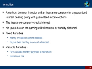Annuities A contract between investor and an insurance company for a guaranteed interest bearing policy with guaranteed income options The insurance company credits interest No taxes due on the earnings till withdrawal or annuity disbursal  Fixed Annuities Money invested in general account Pays a fixed monthly income at retirement Variable Annuities Pays variable monthly payment at retirement Investment risk 