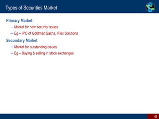 Types of Securities Market Primary Market   Market for new security issues Eg – IPO of Goldman Sachs, iFlex Solutions Secondary Market Market for outstanding issues Eg – Buying & selling in stock exchanges 