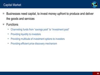 Capital Market Businesses need capital, to invest money upfront to produce and deliver the goods and services  Functions Channeling funds from “savings pool” to “investment pool”  Providing liquidity to investors  Providing multitude of investment options to investors  Providing efficient price discovery mechanism  