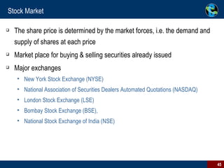 Stock Market The share price is determined by the market forces, i.e. the demand and supply of shares at each price  Market place for buying & selling securities already issued Major exchanges New York Stock Exchange (NYSE) National Association of Securities Dealers Automated Quotations (NASDAQ)  London Stock Exchange (LSE) Bombay Stock Exchange (BSE), National Stock Exchange of India (NSE) 