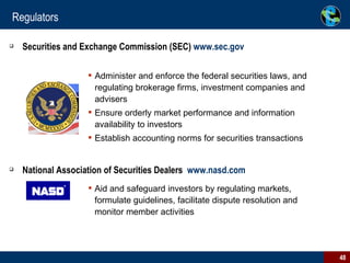 Regulators Securities and Exchange Commission (SEC)  www.sec.gov National Association of Securities Dealers  www.nasd.com Administer and enforce the federal securities laws, and regulating brokerage firms, investment companies and advisers Ensure orderly market performance and information availability to investors Establish accounting norms for securities transactions  Aid and safeguard investors by regulating markets, formulate guidelines, facilitate dispute resolution and monitor member activities 