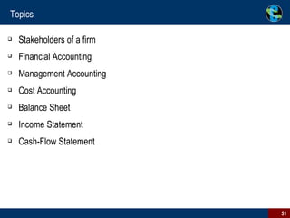 Topics Stakeholders of a firm Financial Accounting Management Accounting Cost Accounting Balance Sheet Income Statement Cash-Flow Statement 