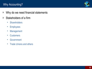 Why Accounting? Why do we need financial statements Stakeholders of a firm Shareholders Employees Management Customers Government Trade Unions and others  