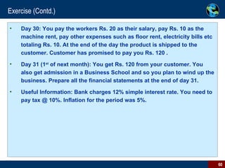 Exercise (Contd.) Day 30: You pay the workers Rs. 20 as their salary, pay Rs. 10 as the machine rent, pay other expenses such as floor rent, electricity bills etc totaling Rs. 10. At the end of the day the product is shipped to the customer. Customer has promised to pay you Rs. 120 .  Day 31 (1 st  of next month): You get Rs. 120 from your customer. You also get admission in a Business School and so you plan to wind up the business. Prepare all the financial statements at the end of day 31. Useful Information: Bank charges 12% simple interest rate. You need to pay tax @ 10%. Inflation for the period was 5%. 