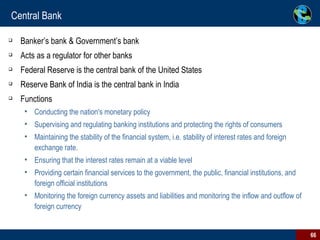 Central Bank Banker’s bank & Government’s bank Acts as a regulator for other banks Federal Reserve is the central bank of the United States Reserve Bank of India is the central bank in India Functions Conducting the nation's monetary policy Supervising and regulating banking institutions and protecting the rights of consumers Maintaining the stability of the financial system, i.e. stability of interest rates and foreign exchange rate.  Ensuring that the interest rates remain at a viable level Providing certain financial services to the government, the public, financial institutions, and foreign official institutions Monitoring the foreign currency assets and liabilities and monitoring the inflow and outflow of foreign currency  