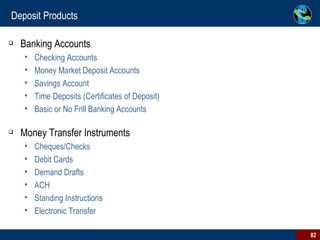 Deposit Products Banking Accounts Checking Accounts Money Market Deposit Accounts Savings Account Time Deposits (Certificates of Deposit)  Basic or No Frill Banking Accounts Money Transfer Instruments Cheques/Checks Debit Cards Demand Drafts ACH  Standing Instructions Electronic Transfer 