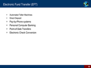 Electronic Fund Transfer (EFT) Automated Teller Machines Direct Deposit Pay-by-Phone systems Personal Computer Banking Point-of-Sale Transfers Electronic Check Conversion 