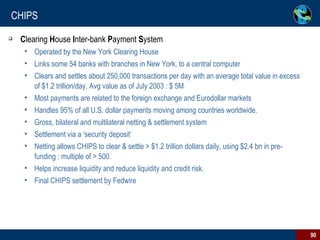CHIPS C learing  H ouse  I nter-bank  P ayment  S ystem Operated by the New York Clearing House Links some 54 banks with branches in New York, to a central computer Clears and settles about 250,000 transactions per day with an average total value in excess of $1.2 trillion/day. Avg value as of July 2003 : $ 5M Most payments are related to the foreign exchange and Eurodollar markets Handles 95% of all U.S. dollar payments moving among countries worldwide. Gross, bilateral and multilateral netting & settlement system Settlement via a ‘security deposit’ Netting allows CHIPS to clear & settle > $1.2 trillion dollars daily, using $2.4 bn in pre-funding : multiple of > 500. Helps increase liquidity and reduce liquidity and credit risk. Final CHIPS settlement by Fedwire 