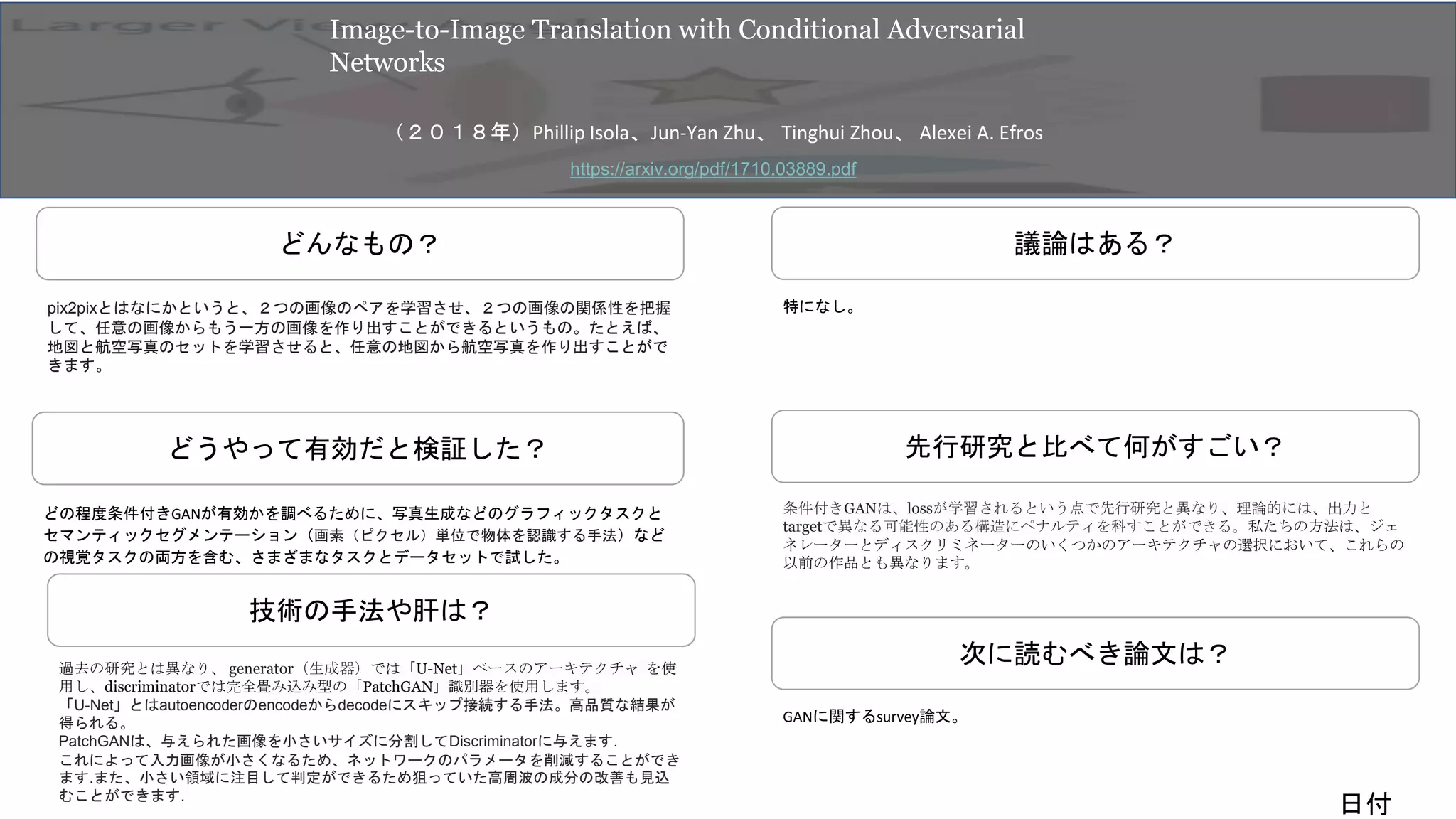 どんなもの？
先行研究と比べて何がすごい？
技術の手法や肝は？
議論はある？
どうやって有効だと検証した？
次に読むべき論文は？
GANに関するsurvey論文。
特になし。
どの程度条件付きGANが有効かを調べるために、写真生成などのグラフィックタスクと
セマンティックセグメンテーション（画素（ピクセル）単位で物体を認識する手法）など
の視覚タスクの両方を含む、さまざまなタスクとデータセットで試した。
過去の研究とは異なり、 generator（生成器）では「U-Net」ベースのアーキテクチャ を使
用し、discriminatorでは完全畳み込み型の「PatchGAN」識別器を使用します。
「U-Net」とはautoencoderのencodeからdecodeにスキップ接続する手法。高品質な結果が
得られる。
PatchGANは、与えられた画像を小さいサイズに分割してDiscriminatorに与えます.
これによって入力画像が小さくなるため、ネットワークのパラメータを削減することができ
ます.また、小さい領域に注目して判定ができるため狙っていた高周波の成分の改善も見込
むことができます.
条件付きGANは、lossが学習されるという点で先行研究と異なり、理論的には、出力と
targetで異なる可能性のある構造にペナルティを科すことができる。私たちの方法は、ジェ
ネレーターとディスクリミネーターのいくつかのアーキテクチャの選択において、これらの
以前の作品とも異なります。
pix2pixとはなにかというと、２つの画像のペアを学習させ、２つの画像の関係性を把握
して、任意の画像からもう一方の画像を作り出すことができるというもの。たとえば、
地図と航空写真のセットを学習させると、任意の地図から航空写真を作り出すことがで
きます。
日付
Image-to-Image Translation with Conditional Adversarial
Networks
（２０１８年）Phillip Isola、Jun-Yan Zhu、 Tinghui Zhou、 Alexei A. Efros
https://arxiv.org/pdf/1710.03889.pdf
 
