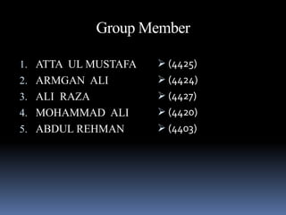 Group Member
1. ATTA UL MUSTAFA
2. ARMGAN ALI
3. ALI RAZA
4. MOHAMMAD ALI
5. ABDUL REHMAN
 (4425)
 (4424)
 (4427)
 (4420)
 (4403)
 