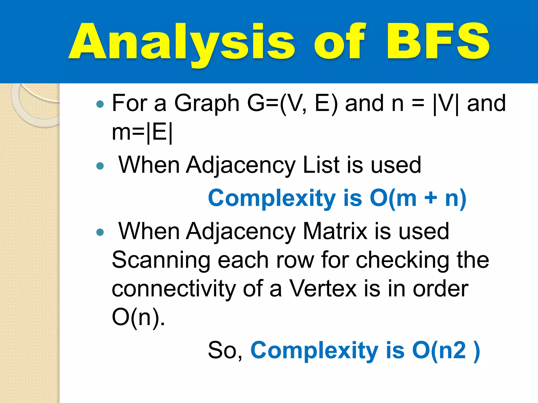 Analysis of BFS
 For a Graph G=(V, E) and n = |V| and
m=|E|
 When Adjacency List is used
Complexity is O(m + n)
 When Adjacency Matrix is used
Scanning each row for checking the
connectivity of a Vertex is in order
O(n).
So, Complexity is O(n2 )
 