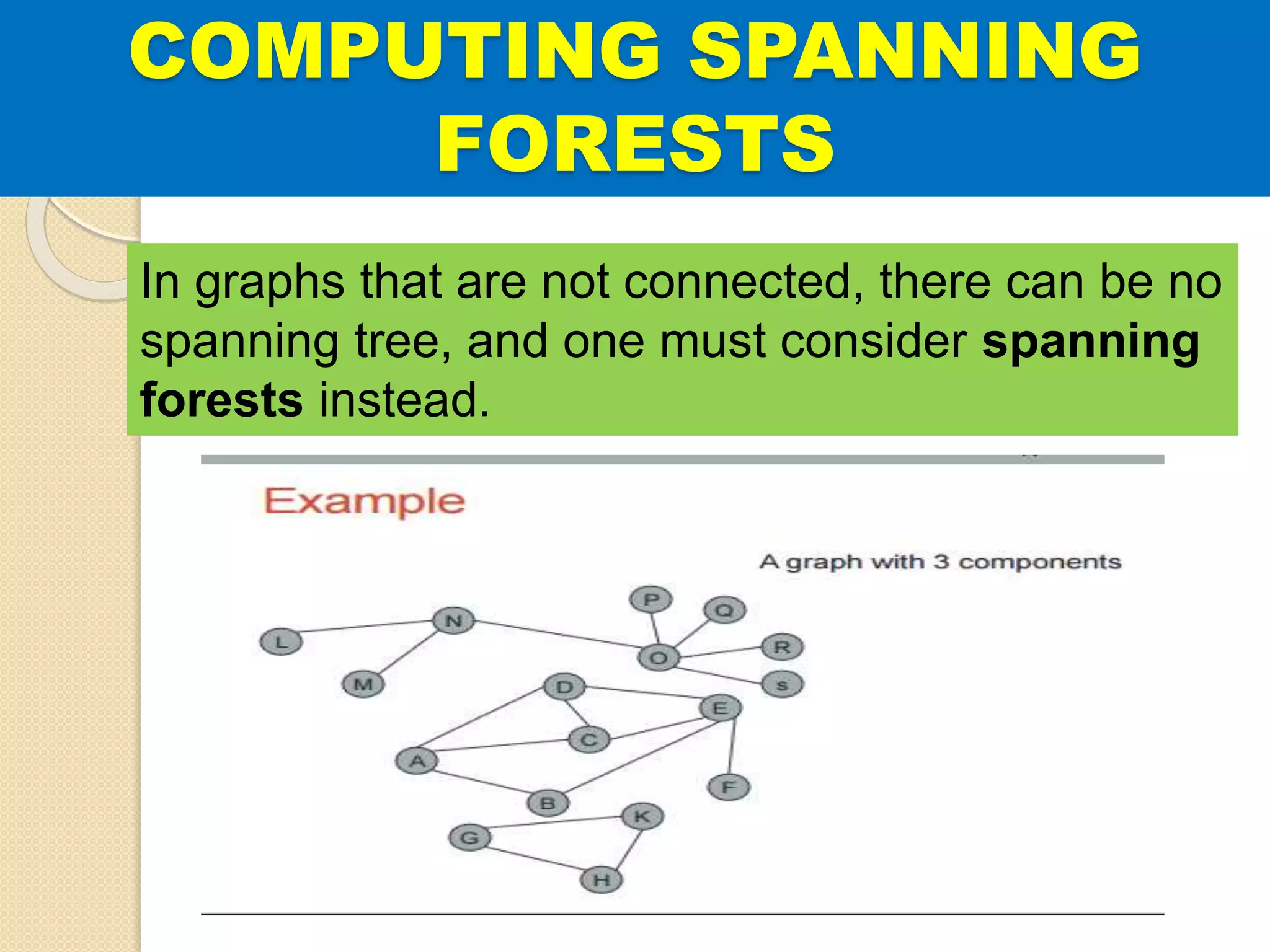 COMPUTING SPANNING
FORESTS
In graphs that are not connected, there can be no
spanning tree, and one must consider spanning
forests instead.
 