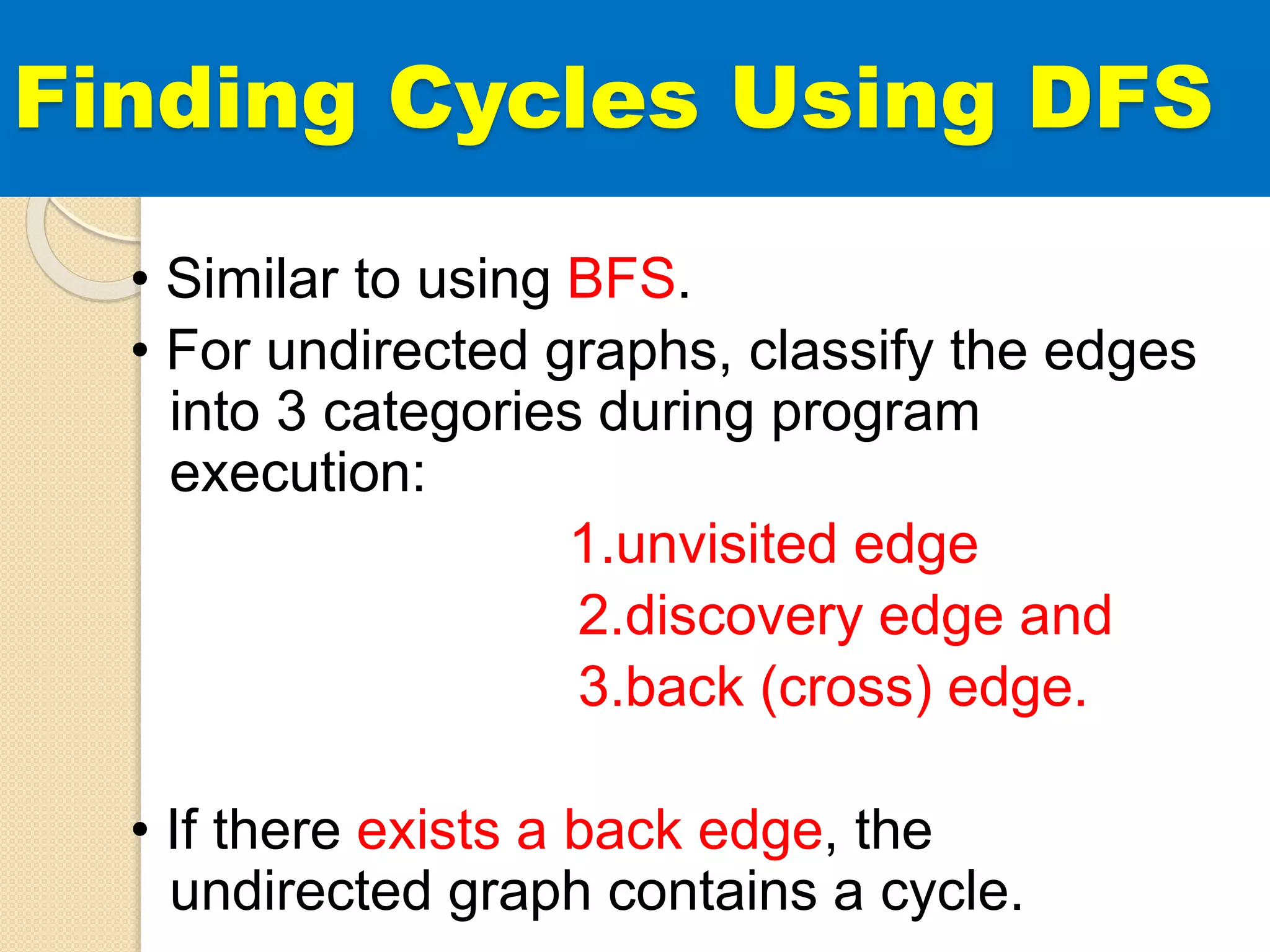 Finding Cycles Using DFS
• Similar to using BFS.
• For undirected graphs, classify the edges
into 3 categories during program
execution:
1.unvisited edge
2.discovery edge and
3.back (cross) edge.
• If there exists a back edge, the
undirected graph contains a cycle.
 