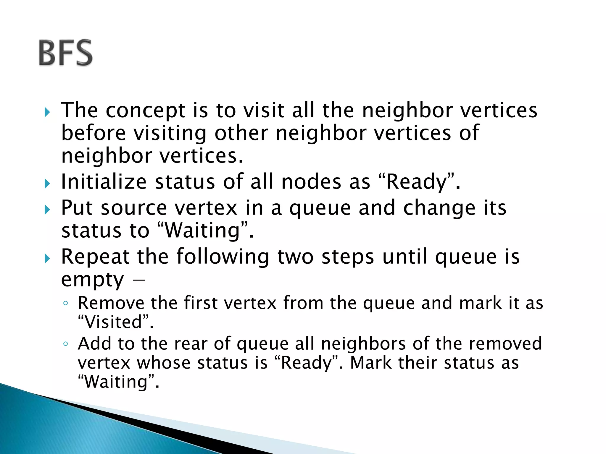  The concept is to visit all the neighbor vertices
before visiting other neighbor vertices of
neighbor vertices.
 Initialize status of all nodes as “Ready”.
 Put source vertex in a queue and change its
status to “Waiting”.
 Repeat the following two steps until queue is
empty −
◦ Remove the first vertex from the queue and mark it as
“Visited”.
◦ Add to the rear of queue all neighbors of the removed
vertex whose status is “Ready”. Mark their status as
“Waiting”.
 