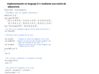 Implementación en lenguaje C++ mediante una matriz de
adyacencia.
 