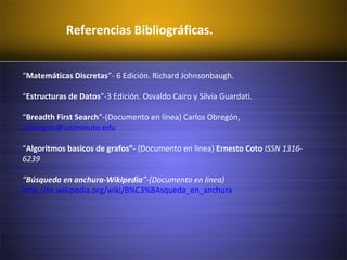 Referencias Bibliográficas.
“Matemáticas Discretas”- 6 Edición. Richard Johnsonbaugh.
“Estructuras de Datos”-3 Edición. Osvaldo Cairo y Silvia Guardati.
“Breadth First Search”-(Documento en línea) Carlos Obregón,
cobregon@uniminuto.edu
“Algoritmos basicos de grafos”- (Documento en linea) Ernesto Coto ISSN 1316-
6239
“Búsqueda en anchura-Wikipedia”-(Documento en linea)
http://es.wikipedia.org/wiki/B%C3%BAsqueda_en_anchura
 