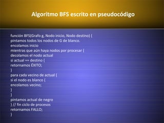 Algoritmo BFS escrito en pseudocódigo
función BFS(Grafo g, Nodo inicio, Nodo destino) {
pintamos todos los nodos de G de blanco.
encolamos inicio
mientras que aún haya nodos por procesar {
decolamos el nodo actual
si actual == destino {
retornamos ÉXITO;
}
para cada vecino de actual {
si el nodo es blanco {
encolamos vecino;
}
}
pintamos actual de negro
} // fin ciclo de procesos
retornamos FALLO;
}
 