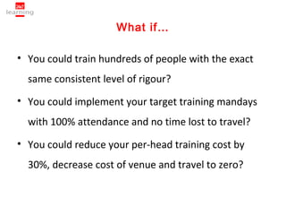 What if…

• You could train hundreds of people with the exact
  same consistent level of rigour?
• You could implement your target training mandays
  with 100% attendance and no time lost to travel?
• You could reduce your per-head training cost by
  30%, decrease cost of venue and travel to zero?
 