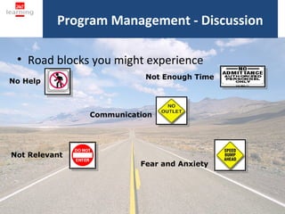 Program Management - Discussion

 • Road blocks you might experience
                              Not Enough Time
No Help



               Communication




Not Relevant
                         Fear and Anxiety




                         23
 