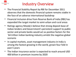 Industry Overview
• The Financial Stability Report by RBI for December 2011
  observes that the domestic financial system remains stable in
  the face of an adverse international backdrop
• Financial inclusion drive from Reserve Bank of India (RBI) has
  expanded the target market to semi-urban and rural areas
• Ratings agency Moody's believe that strong deposit base of
  Indian lenders and Government's persistent support to public
  sector and private banks would act as positive factors for the
  `64 trillion Indian banking industry amidst the negative global
  scenario
• In capital markets, asset management industry in India is
  among the fastest-growing in the world, grown four fold in
  past 5 years
• The Indian Insurance sector is expected to reach around USD
  400 billion in premium income by 2020                           4
 
