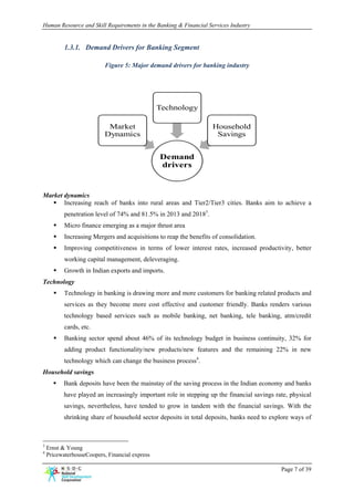 Human Resource and Skill Requirements in the Banking & Financial Services Industry


           1.3.1. Demand Drivers for Banking Segment

                           Figure 5: Major demand drivers for banking industry




                                                Technology

                            Market                                  Household
                           Dynamics                                  Savings


                                                Demand
                                                drivers


Market dynamics
       Increasing reach of banks into rural areas and Tier2/Tier3 cities. Banks aim to achieve a
           penetration level of 74% and 81.5% in 2013 and 20183.
           Micro finance emerging as a major thrust area
           Increasing Mergers and acquisitions to reap the benefits of consolidation.
           Improving competitiveness in terms of lower interest rates, increased productivity, better
           working capital management, deleveraging.
           Growth in Indian exports and imports.
Technology
           Technology in banking is drawing more and more customers for banking related products and
           services as they become more cost effective and customer friendly. Banks renders various
           technology based services such as mobile banking, net banking, tele banking, atm/credit
           cards, etc.
           Banking sector spend about 46% of its technology budget in business continuity, 32% for
           adding product functionality/new products/new features and the remaining 22% in new
           technology which can change the business process4.
Household savings
          Bank deposits have been the mainstay of the saving process in the Indian economy and banks
          have played an increasingly important role in stepping up the financial savings rate, physical
          savings, nevertheless, have tended to grow in tandem with the financial savings. With the
          shrinking share of household sector deposits in total deposits, banks need to explore ways of



3
    Ernst & Young
4
    PricewaterhouseCoopers, Financial express

                                                                                            Page 7 of 39
 